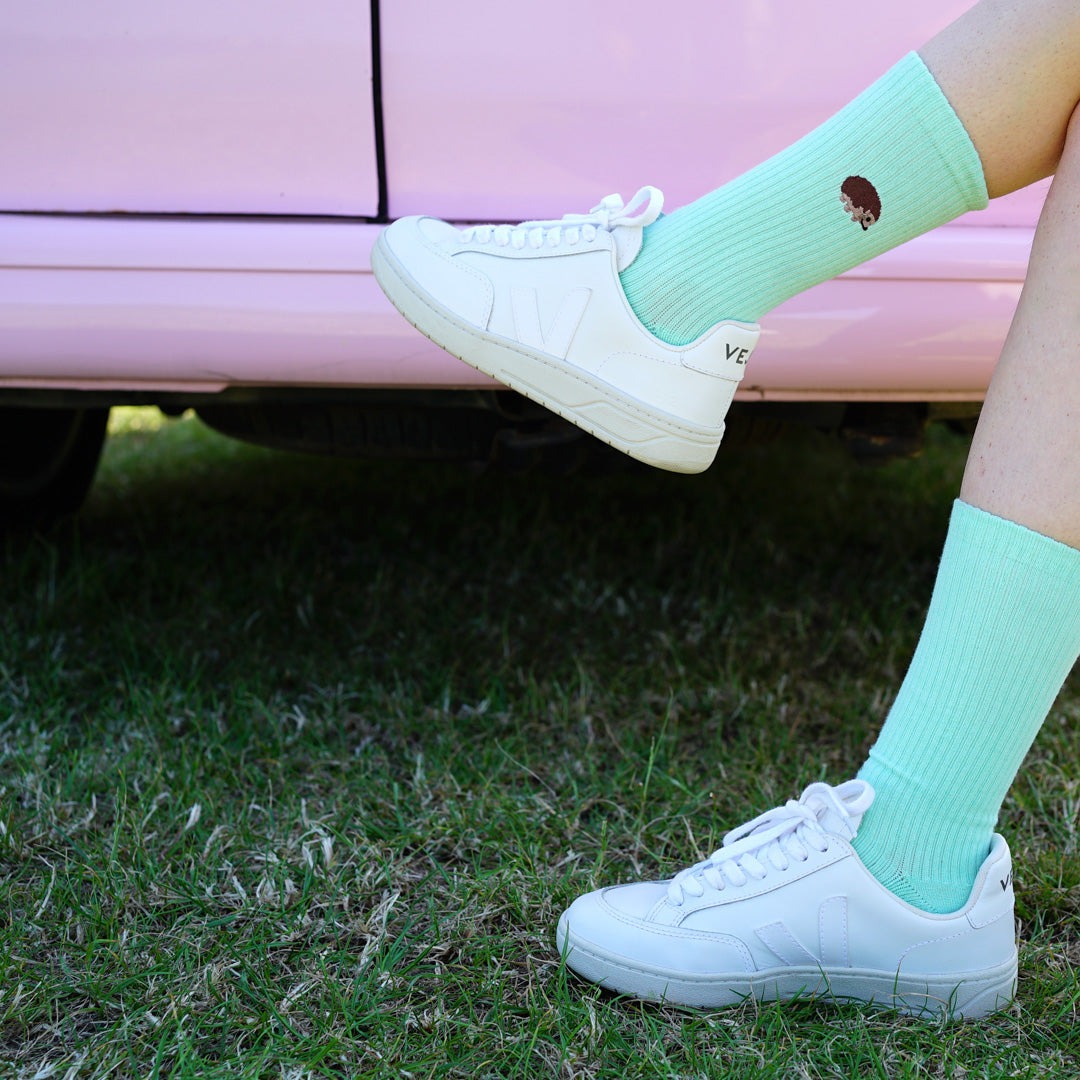 Ribbed Summer Sorbet 3-pack pastel blue puffin, green hedgehog, and yellow otter socks collection