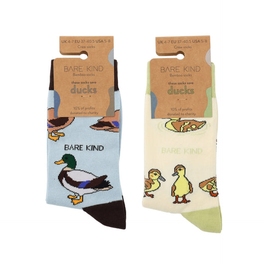 Ducks Bundle of 2 bamboo socks set with blue duck and cream duckling designs, soft and comfortable