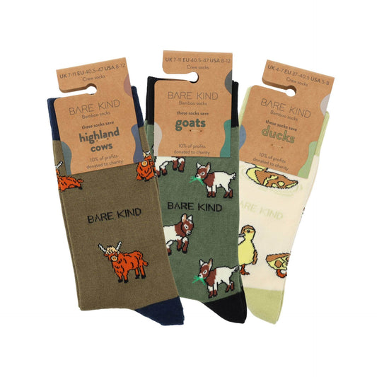 Farm Animals Bundle of 3 colorful bamboo socks featuring cow, goat, and duck designs