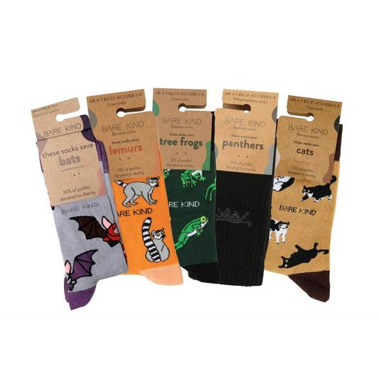 Halloween themed bundle of five bamboo socks with bats, lemurs, frogs, panthers, and cats