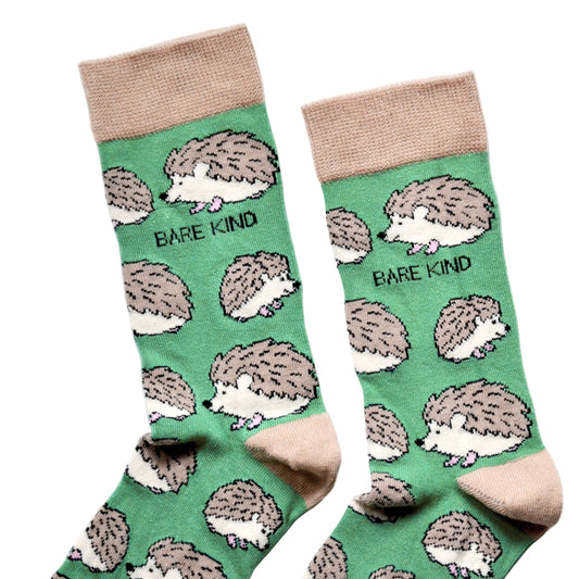 cuff closeup flat lay of green bamboo hedgehog socks