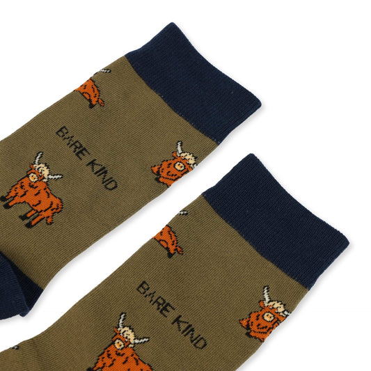 close up to green Highland cow bamboo socks