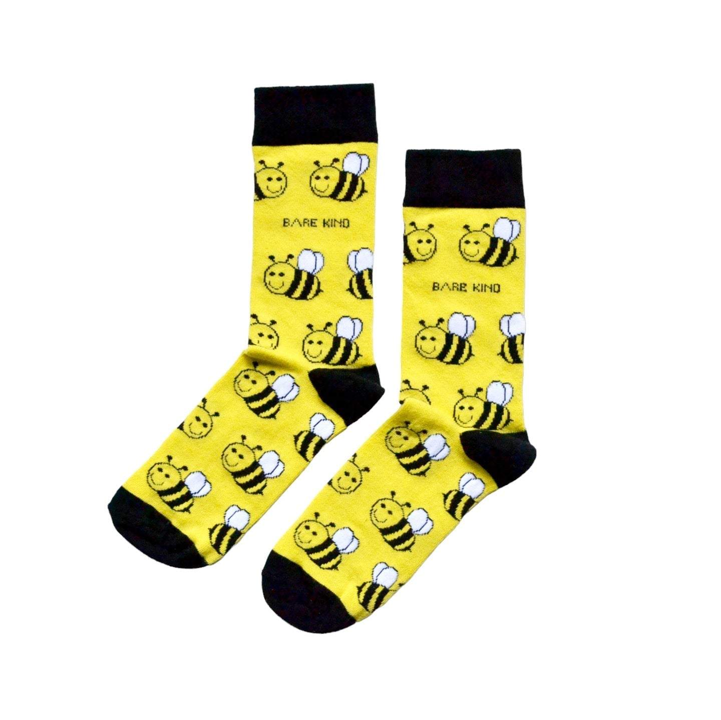 Yellow Save the Bees bamboo socks with animated bee design, breathable and long-lasting.