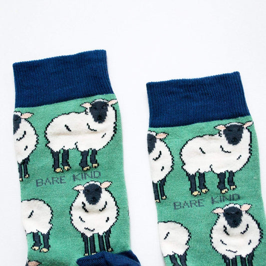 Green bamboo socks with animated sheep pattern, Save the Sheep Socks, sustainable and cozy footwear