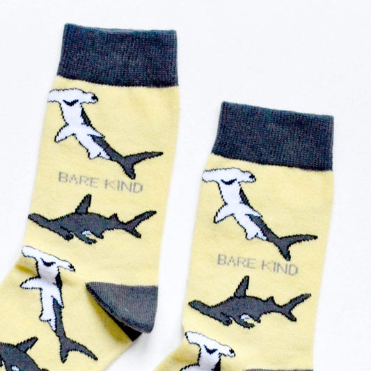 Yellow Save the Sharks bamboo socks with animated shark design
