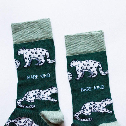 Sea green bamboo Snow Leopard Socks with animated snow leopard patterns, eco-friendly and comfortable