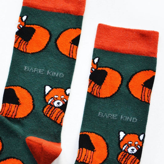 Red pandas bamboo socks with animated red panda design, made from soft bamboo fiber, donating 10% to Rainforest Trust UK