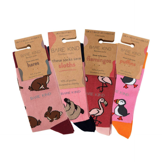 flat lays of Hare, Sloth, Flamingo & Pink Puffin bamboo socks