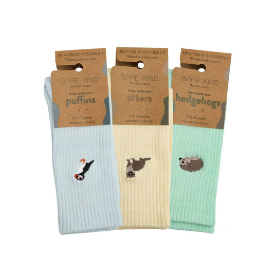 Set of 3 luxury ribbed summer sorbet socks in pastel blue, green, and yellow with puffin, hedgehog, and otter designs
