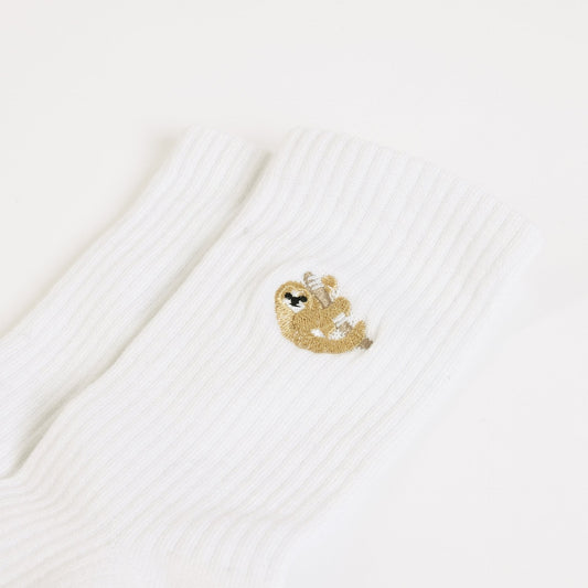 White ribbed bamboo socks with embroidered sloth motif, Save the Sloths Ribbed Bamboo Socks
