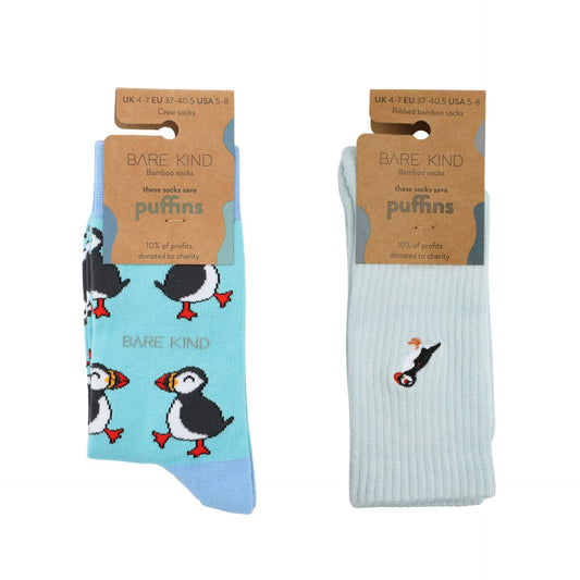 flat lays of Blue Puffin & Blue Ribbed Puffin bamboo socks