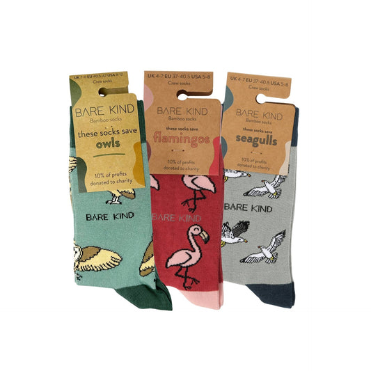 Flying Friends Bundle of three bamboo socks featuring Green Barn Owl, Pink Flamingo, and Grey Seagull designs