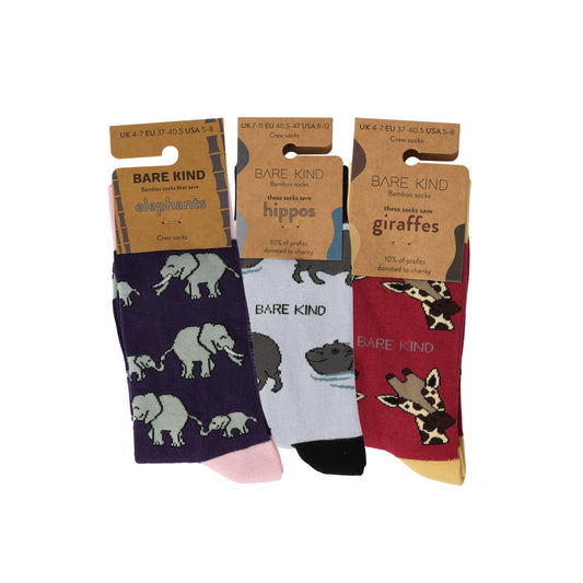 Mega Animals Bundle of 3 bamboo animal socks featuring purple elephant, blue hippo, and red giraffe designs