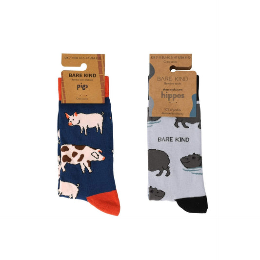 Muddy Buddies Bundle of 2 featuring soft blue pig and hippo bamboo socks for comfort and charity