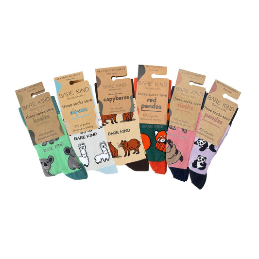 Cute & cuddly bamboo sock set featuring six pairs with koalas, red pandas, capybaras, alpacas, sloths, and pandas designs