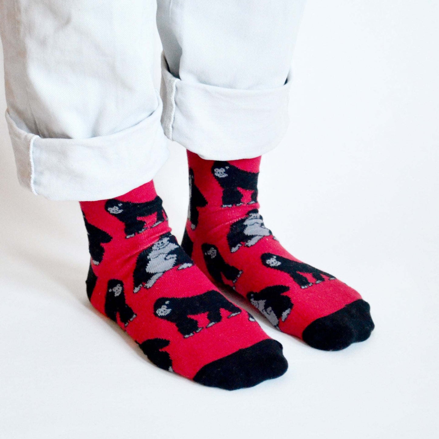 Ape 2 Pack Bamboo Sock Set with green orangutan and red gorilla designs made from soft breathable bamboo fabric