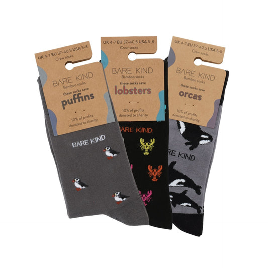Motif Puffin, Orca & Motif Lobster bamboo socks