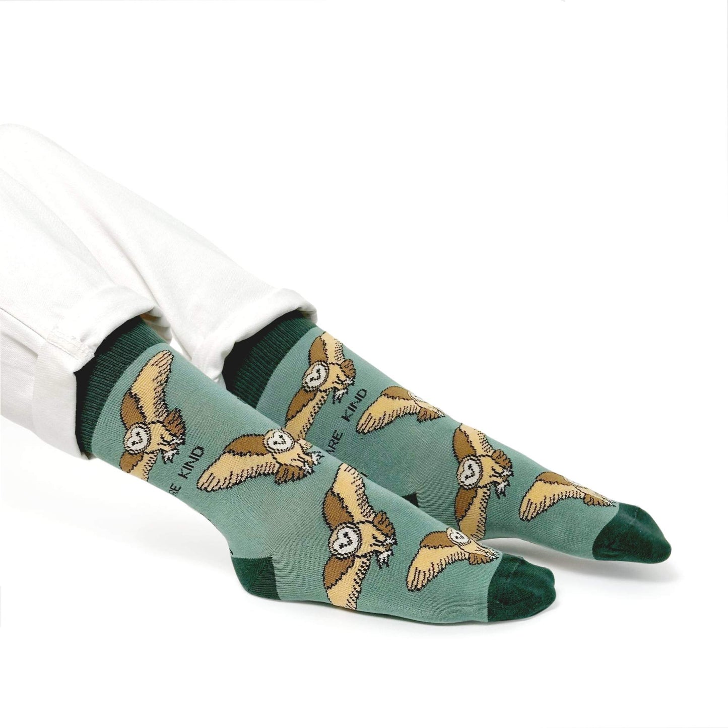 Olive green bamboo Barn Owls socks with animated barn owl design, eco-friendly and durable.