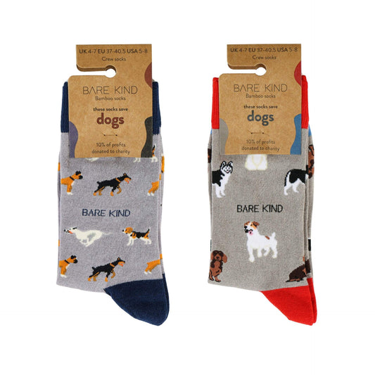 Grey and purple bamboo dog socks set called The Paw-some Duo with charity donation focus
