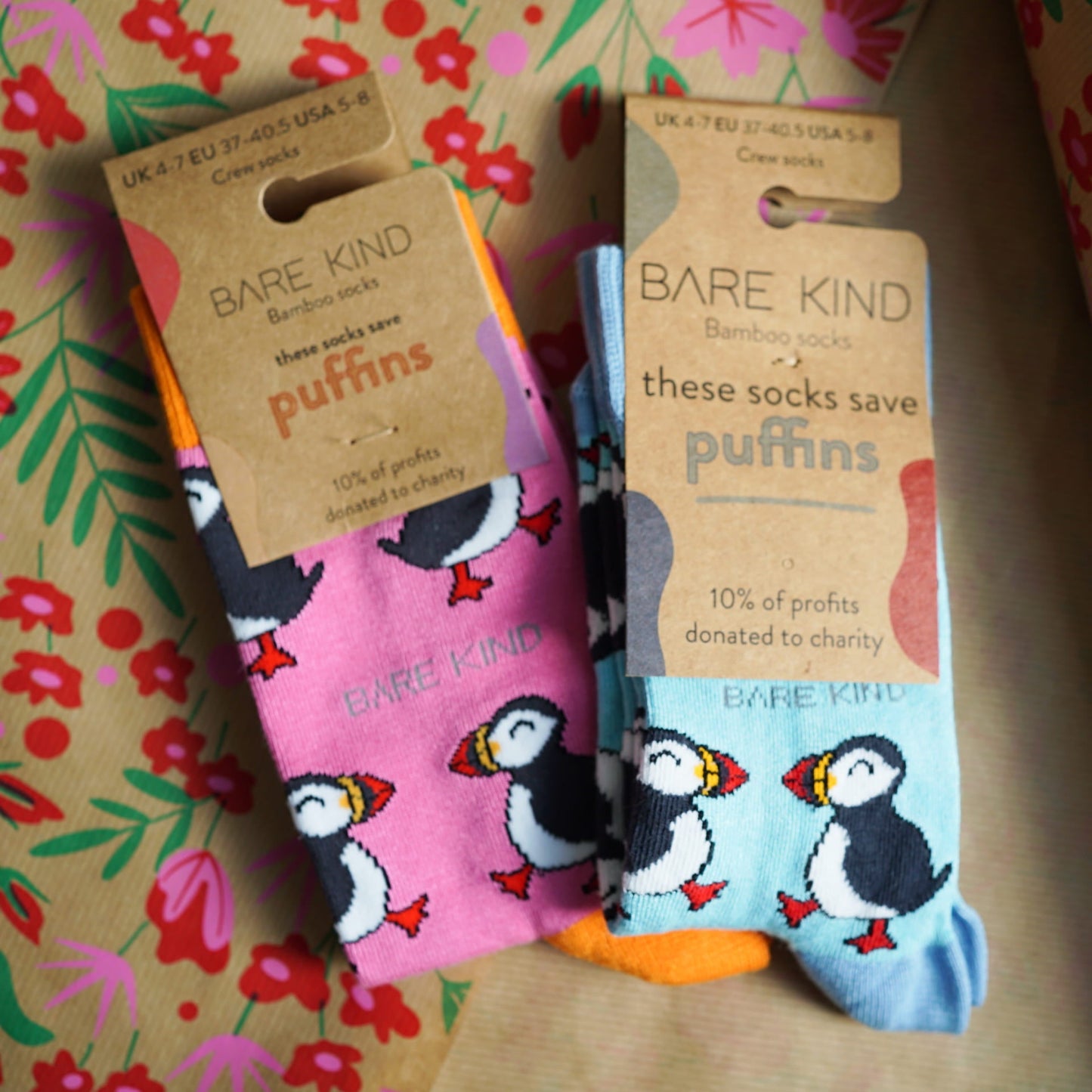 pink puffin and blue puffin bamboo socks