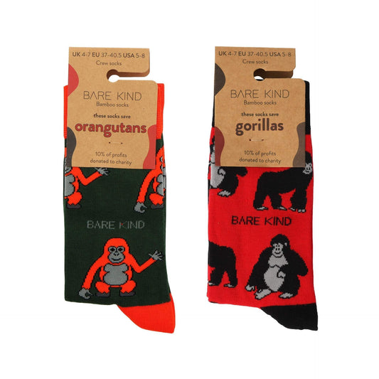 Ape 2 Pack Bamboo Sock Set featuring green orangutan and red gorilla designs made from soft bamboo fabric