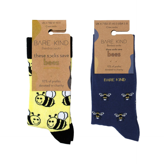Bee 2 Pack Bamboo Sock Set featuring yellow and navy bee-themed socks made from soft bamboo fiber
