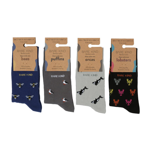 Small Motif 4 Pack bamboo socks with bumblebee, puffin, orca, and lobster designs, soft and sustainable footwear.