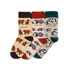 Beige Lover 3 Pack bamboo socks featuring capybara, badger, and cow designs in earthy tones