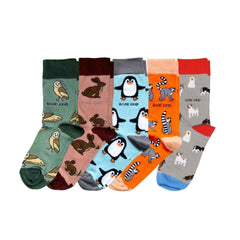 Bestsellers 5 Pack bamboo socks with colorful wildlife designs including barn owl, hare, penguin, lemur, and dogs