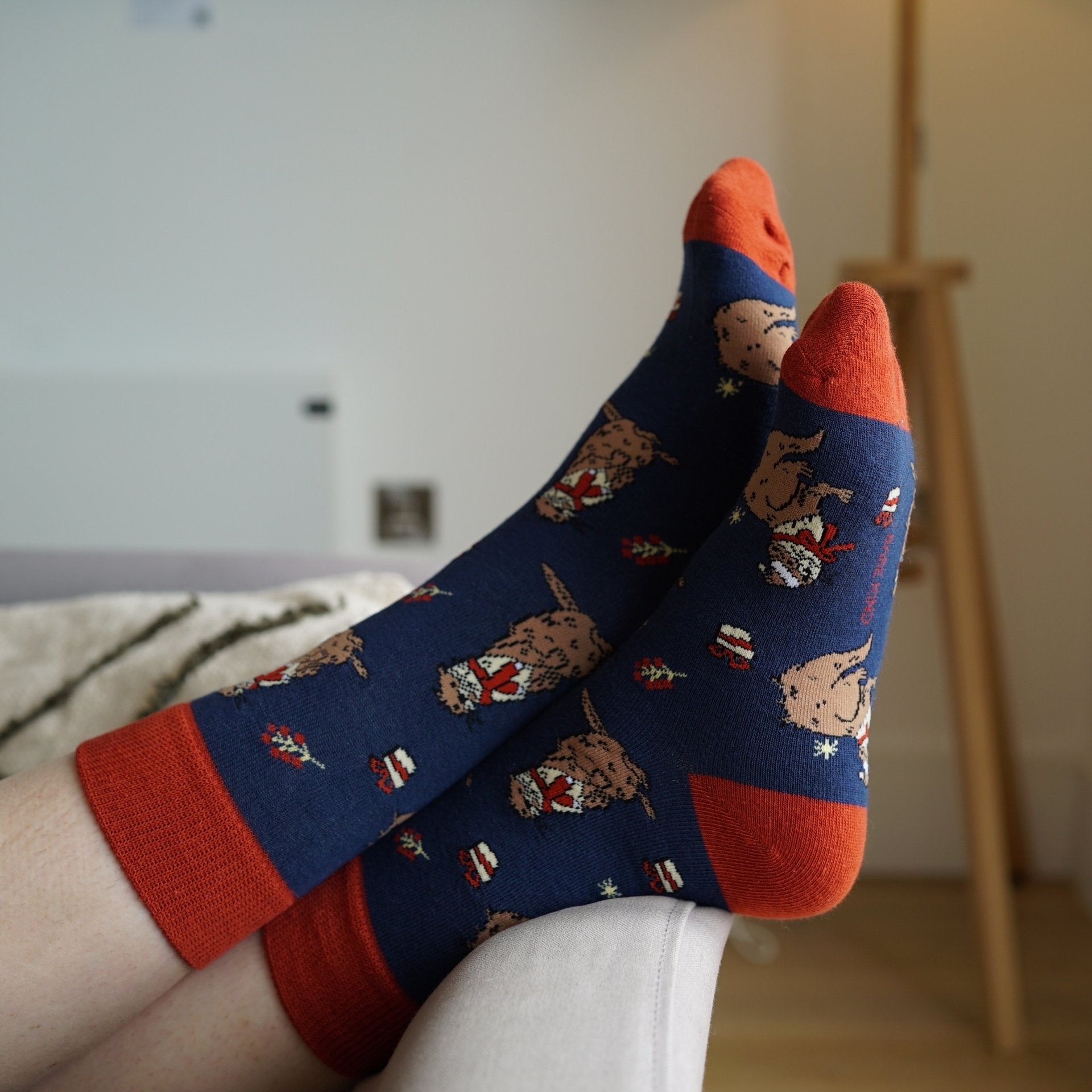 Person wearing blue Christmas Otter socks, sitting on a couch.