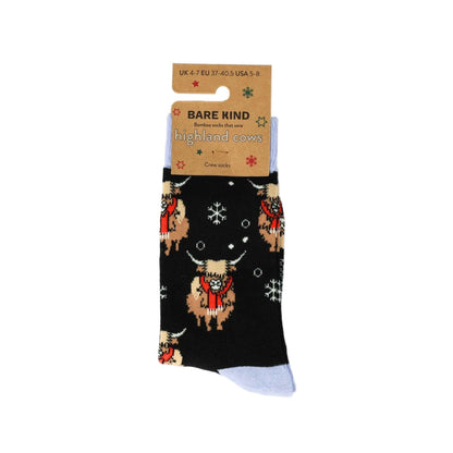 Save the Black Christmas Highland Cow Bamboo Socks