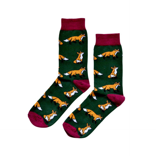 flat lay of dark green and maroon fox socks
