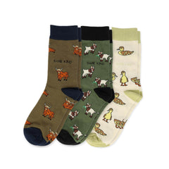 Colorful Farm Animals Bundle of 3 bamboo socks featuring Highland cow, goat, and duck designs