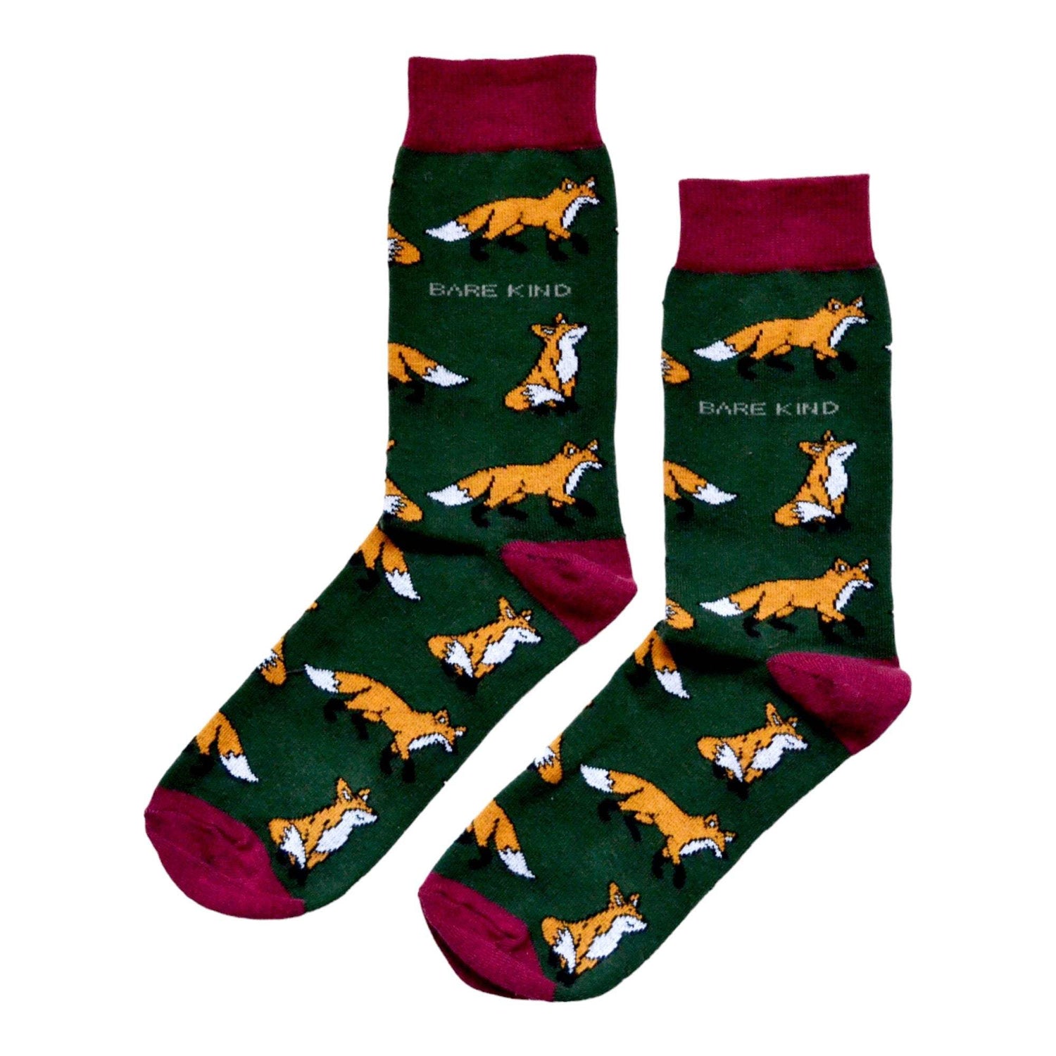 Dark green Save the Foxes socks with animated foxes, made from breathable bamboo fiber, supporting wildlife protection.