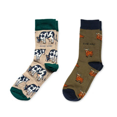 Green Cow Bundle set of 2 bamboo socks with brown cow and green highland cow designs supporting animal welfare
