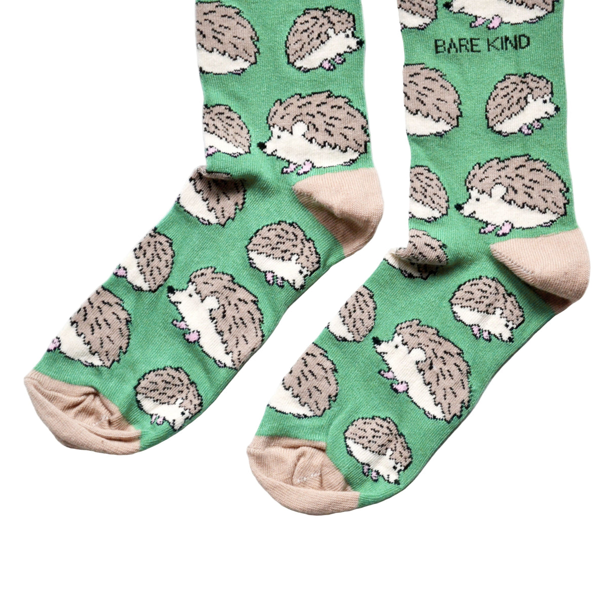 toe closeup flat lay of green bamboo hedgehog socks
