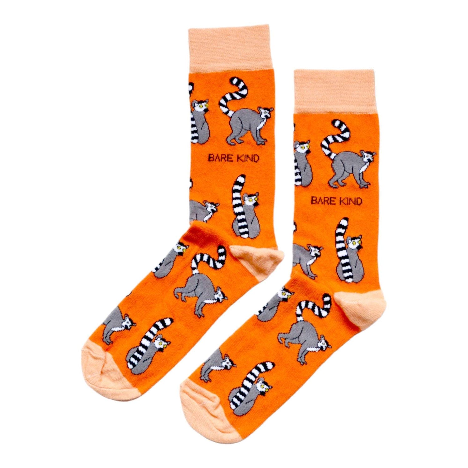 Orange bamboo socks with animated lemurs, supporting Save the Lemurs campaign