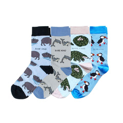 Light Blue Bundle of 4 bamboo animal socks featuring hippo, dolphin, pangolin, and puffin designs for comfort and wildlife conservation support