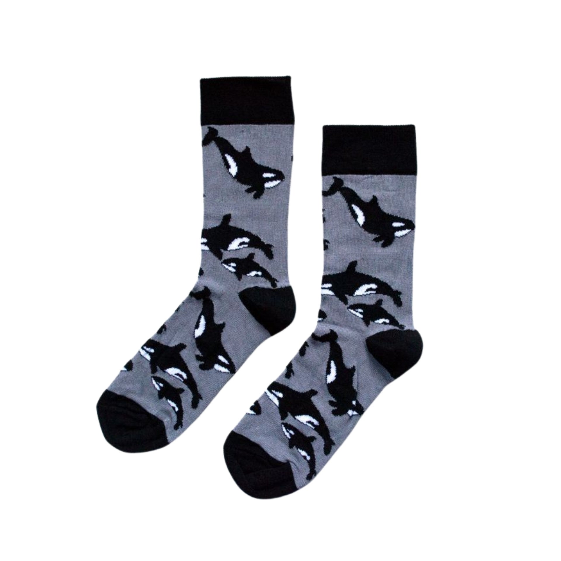flat lay of black and grey orca bamboo socks