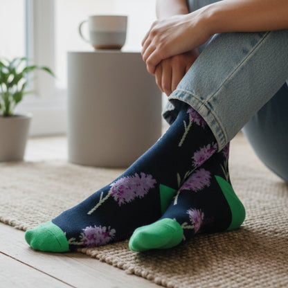 Person wearing orchid socks with a blurred indoor background