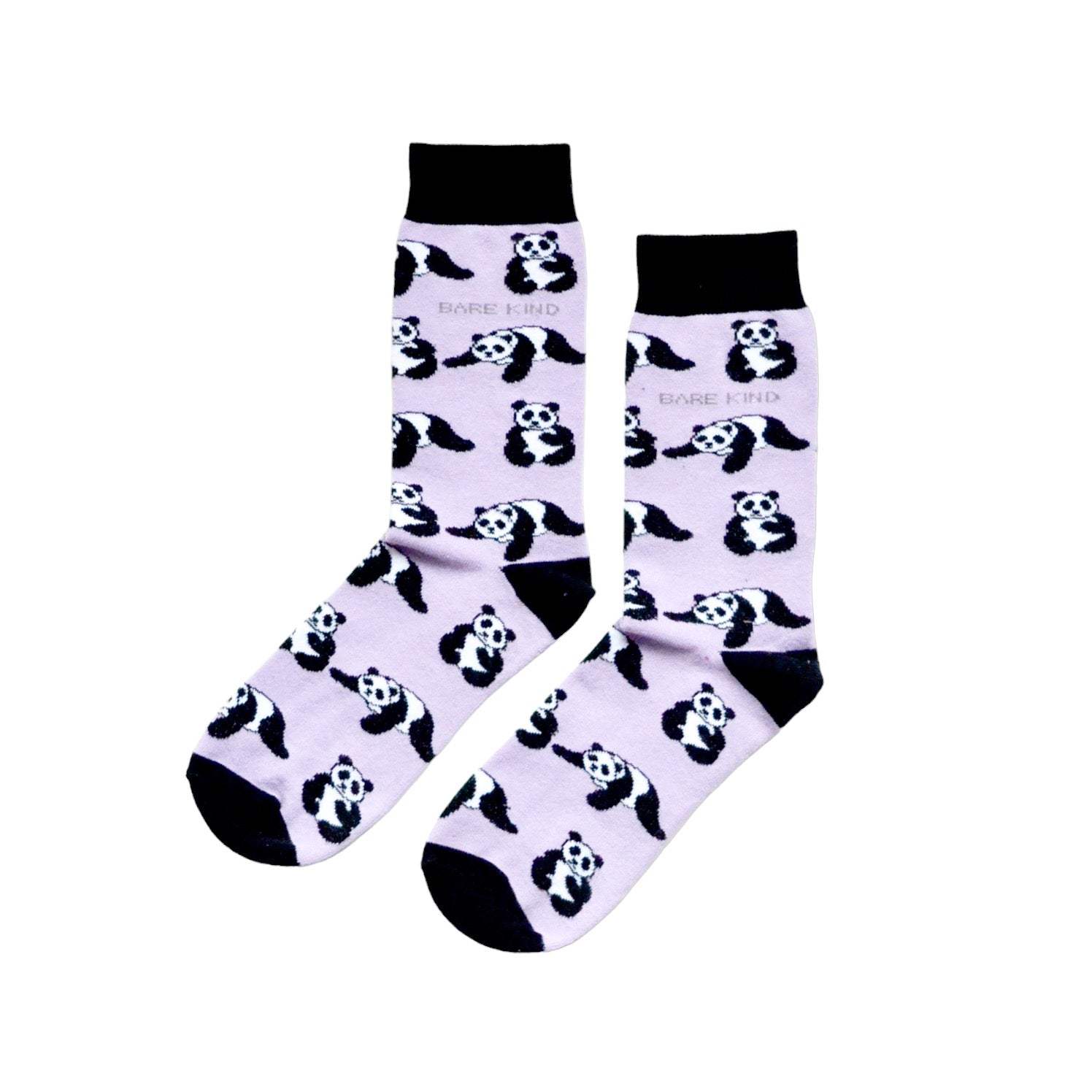 Lilac bamboo socks with cute panda designs supporting panda conservation