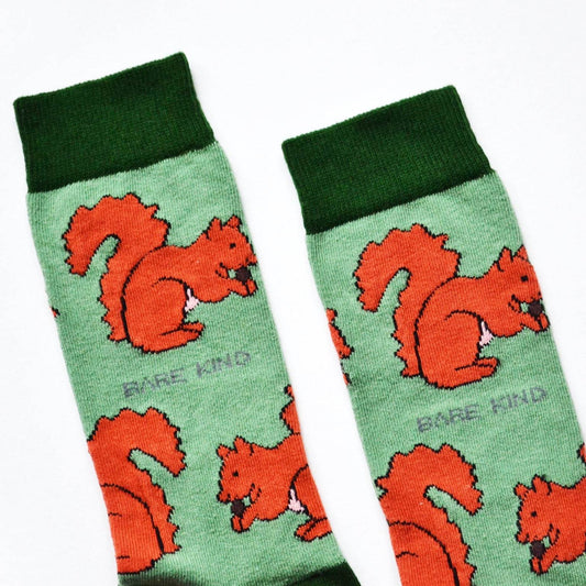 Green bamboo socks with animated red squirrels pattern promoting red squirrels conservation