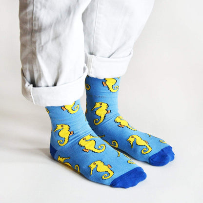 Blue bamboo socks with animated seahorses, supporting Save the Seahorses campaign