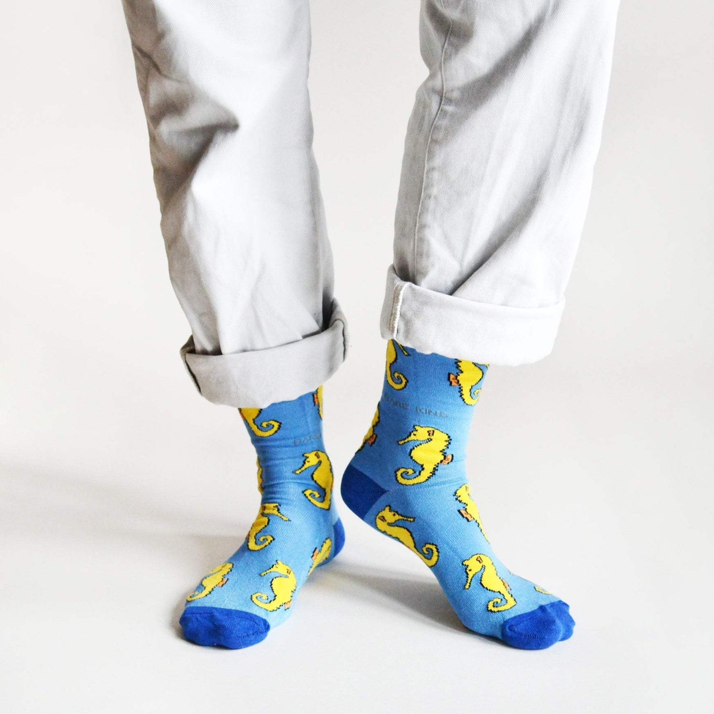 Blue bamboo socks with animated seahorses, Save the Seahorses charity support