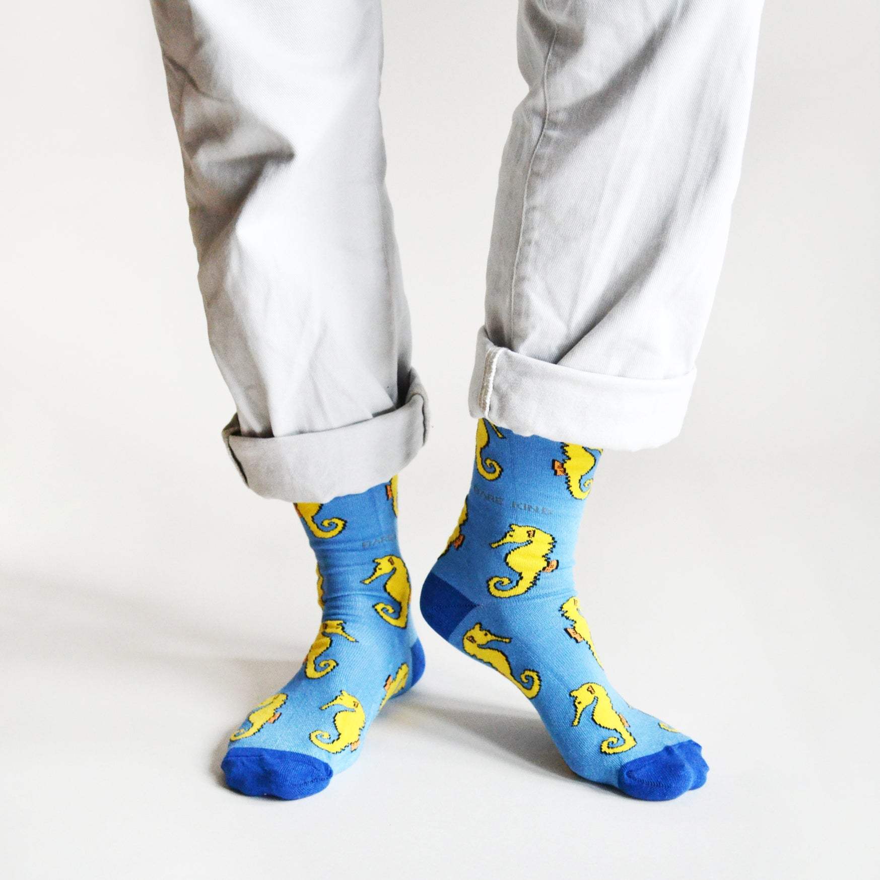 Blue bamboo socks with animated seahorses, Save the Seahorses charity support