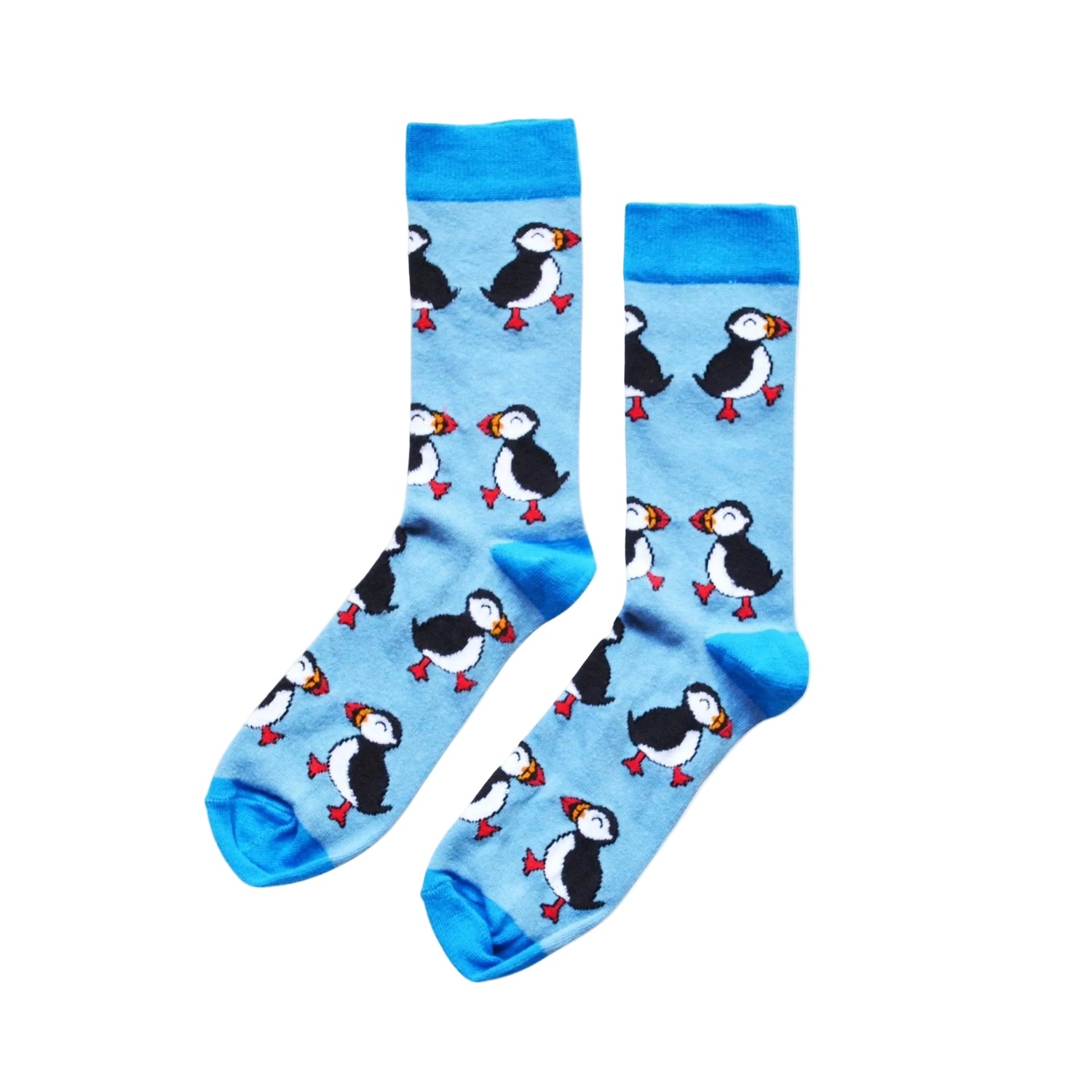 flat lay of blue puffin socks