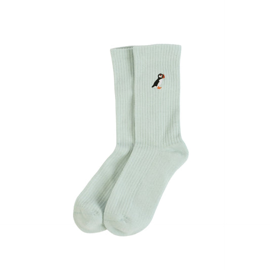 flat lays of blue puffin ribbed bamboo socks
