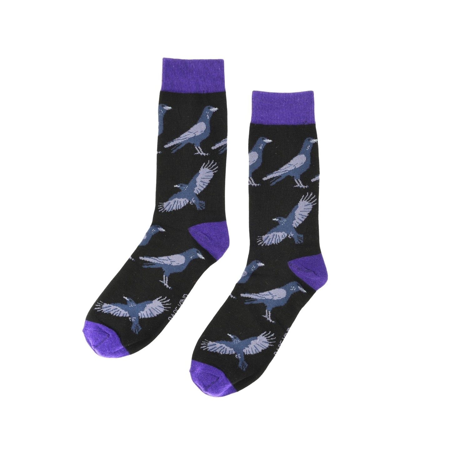 Black socks with blue raven patterns and purple accents on a white background