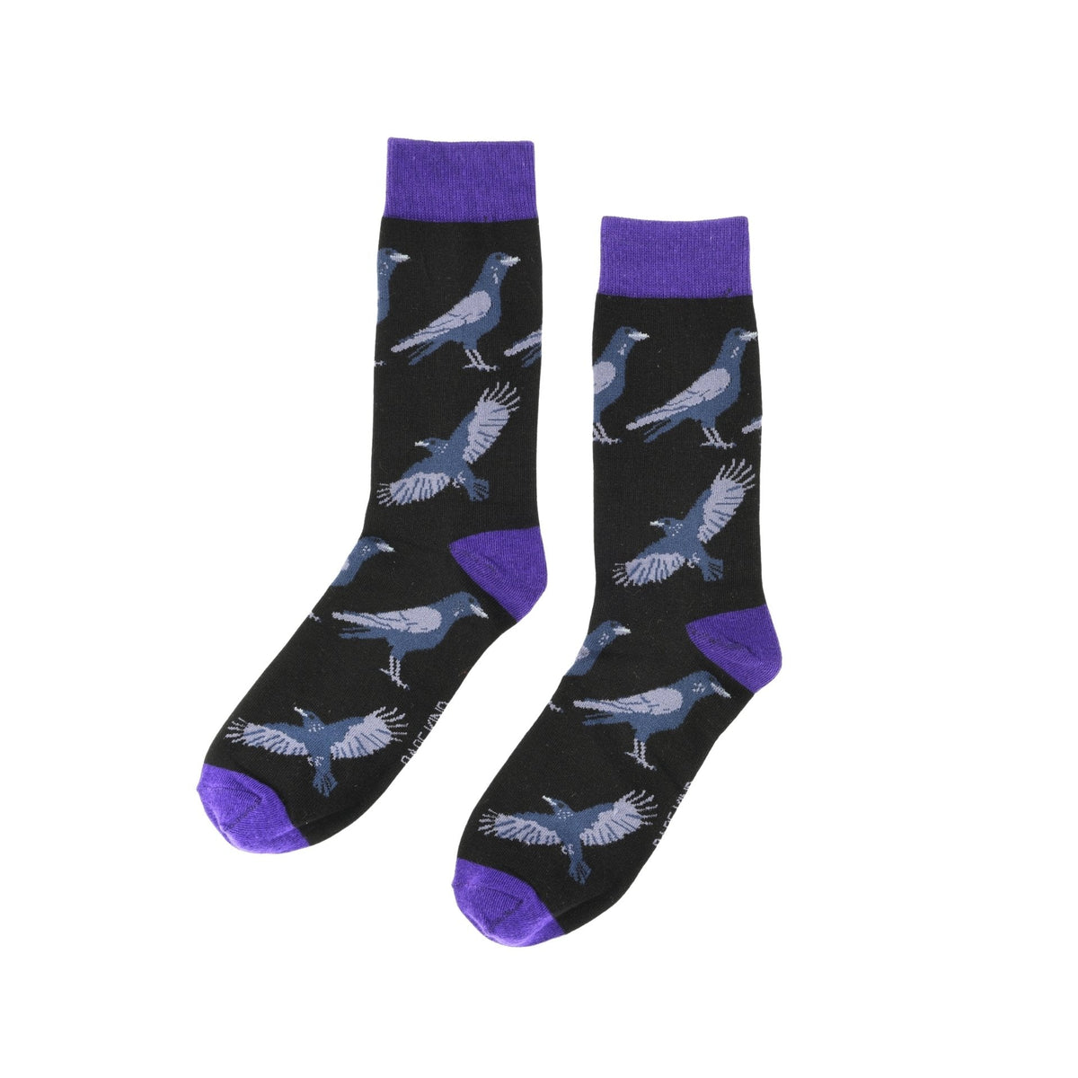 Black socks with blue raven patterns and purple accents on a white background