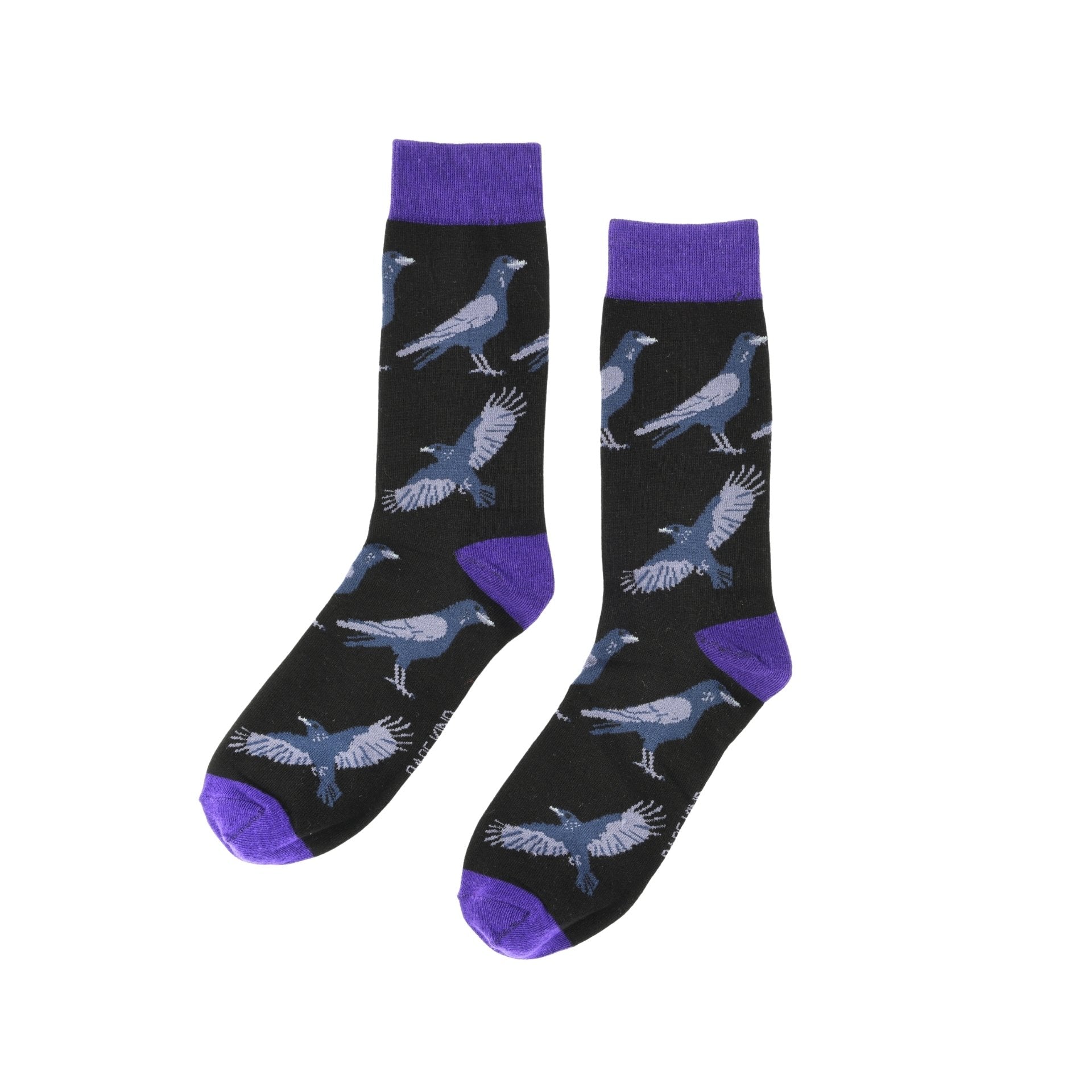 Black socks with blue raven patterns and purple accents on a white background